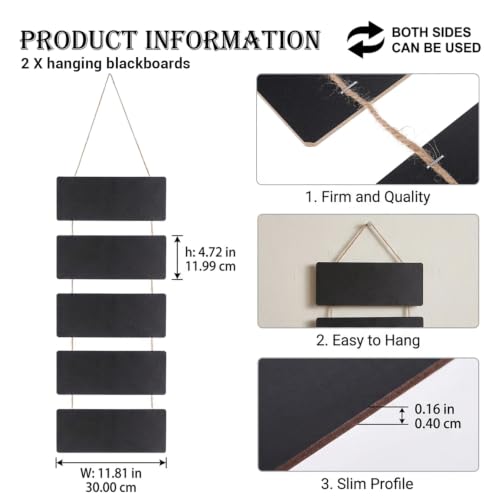 2 Sets Double Sided Hanging Chalkboard Signs, Rustic Wooden Erasable Message Board with Rope, 4.72x11.81 Inch Rectangle Memo Display for Wedding Bar Restaurant Kitchen Wall Decor
