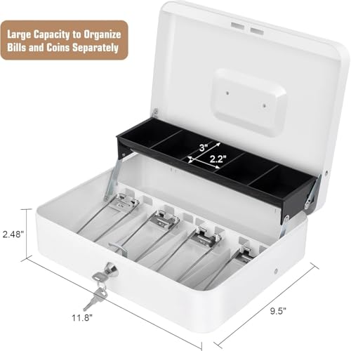 Sumerfnt Cash Box with Lock and Money Tray Money Box for Cash, Metal Lock Box for Money Cash Register - 11.8" x 9.4" x 3.54" White - color: White