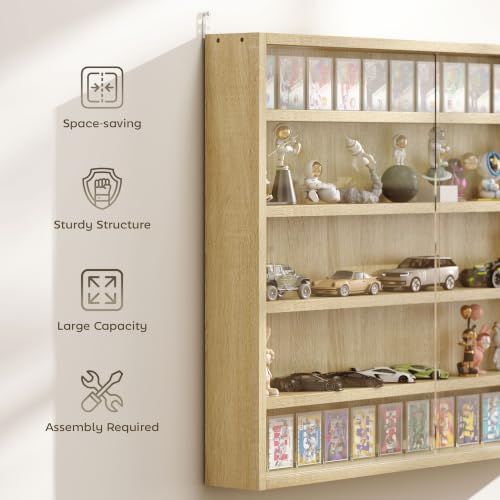 HOMCOM 5-Tier Wall Mounted Display Cabinet Glass Doors Oak - color: Oak