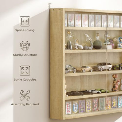 HOMCOM 5-Tier Wall Mounted Display Cabinet Glass Doors Oak - color: Oak
