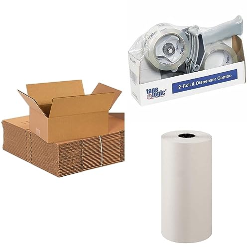 Partners Brand Moving Kit, Medium Boxes 14" x 10" x 6" (25 Pack) Tape Dispenser (2 Pack) & Packing Paper (1440'), Corrugated Cardboard Box Tape & Paper Roll, Packaging Mailing & Shipping Home & Office