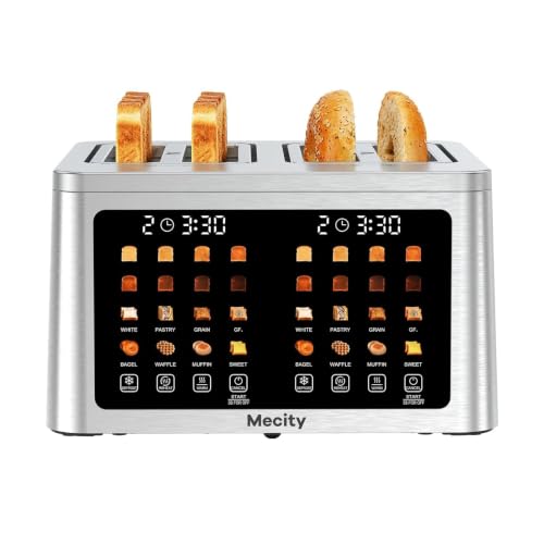 Mecity 4 Slice Toaster Wide Slot, Auto Lift Keep Warm Smart Toaster with Touch Screen, Dual Control Panel, Defrost, Auto Shut Off Digital Toasters for Bagel Muffin Waffle Gluten Free Breads 1700W 120V - color: 4 Slot-Brushed stainless steel