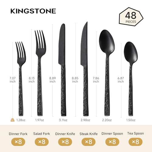 48 Pcs Black Hammered Silverware Set with Steak Knives for 8, 18/10 Steel - color: Black, size: 48-Piece
