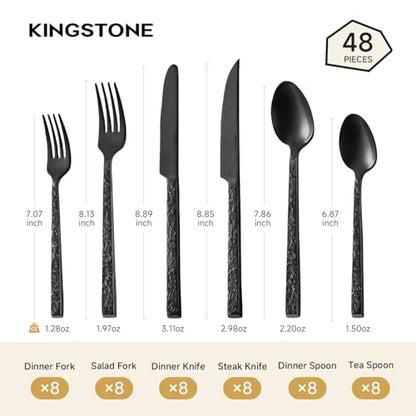 48 Pcs Black Hammered Silverware Set with Steak Knives for 8, 18/10 Steel - color: Black, size: 48-Piece