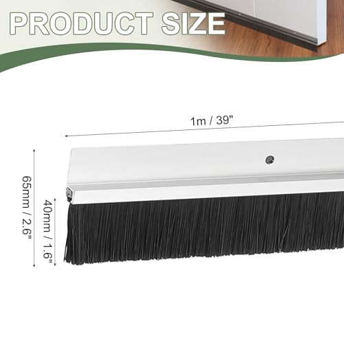 Door Sweep Aluminum Alloy Brush Sweeps, 1.6 Inch Black PP Brush 39"L x 2.6"W Fit for Gaps of Door Bottom - H-Shape Holder (Silver) - color: Silver, size: 1.6 Inch