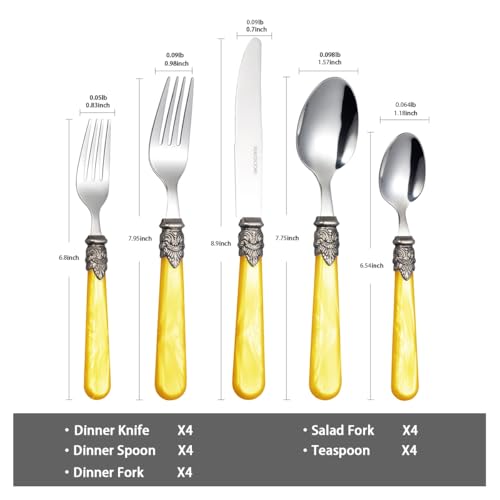 20 Pieces 18/10 Stainless Steel Elegant Silverware Set for 4,Vintage Flatware Set,Dishwasher Safe (20, Yellow) - color: Yellow