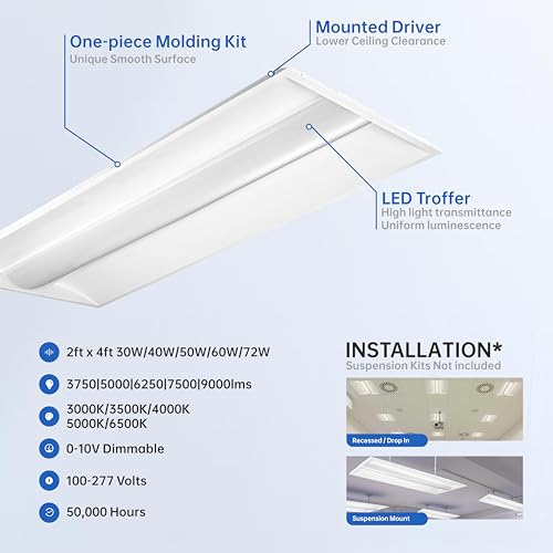 2x4 FT Center Basket LED Troffer Panel Light, 30/40/50/60/72W, 5 Color Options 3000K | 3500K|4000K | 5000K|6500K, Dimmable Drop Ceiling Lights, 9000 Lumens, Damp Rated, 120-277V, Premium (4 Pack)