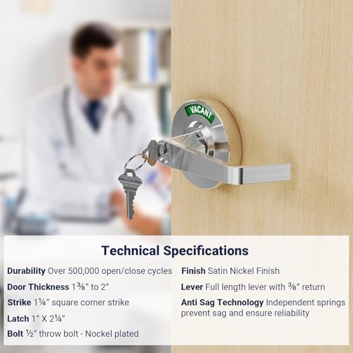 Keyed Commercial Privacy Indicator Door Lock, Heavy Duty Vacant Occupied Bathroom Handle with 90mm Large Rose (Covers Old Holes) - ANSI Grade 2 Restroom Lever for Office, Medical & Gym (Keyed Silver) - color: Keyed Silver