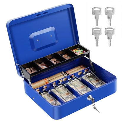 Cash Box with Money Tray and Lock, Metal Money Box for Cash Register 4 Keys - color: Blue
