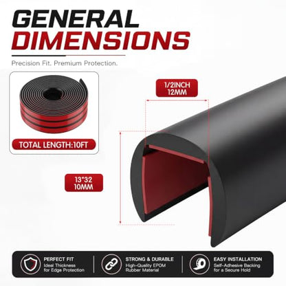 1/2 Inch Rubber Edge Trim 10ft Self-Adhesive U Channel Edge Strip - size: 10ft，1/2 Inch