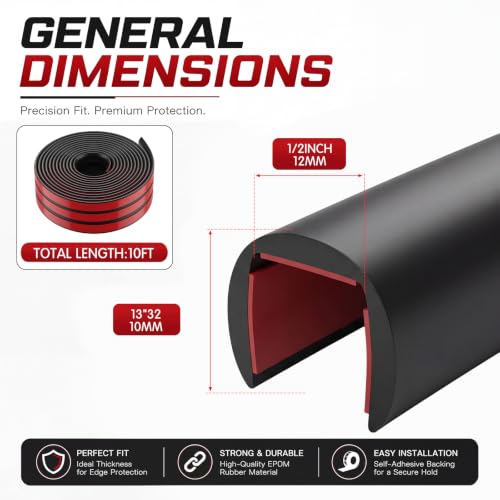 1/2 Inch Rubber Edge Trim 10ft Self-Adhesive U Channel Edge Strip - size: 10ft，1/2 Inch