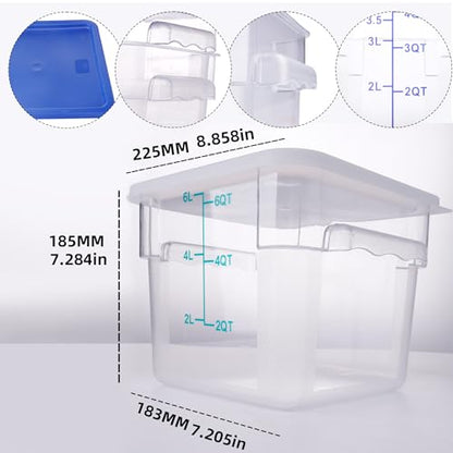 2 Pack Square Food Storage Container With Lid, 2-6 Quart Commercial Storage Box With Scale & Handle, Cake Making, Dough Marinating Meat, Kitchen Supplies (6 Quart) - size: 6 Quart-RED LID & MEASURING LINE
