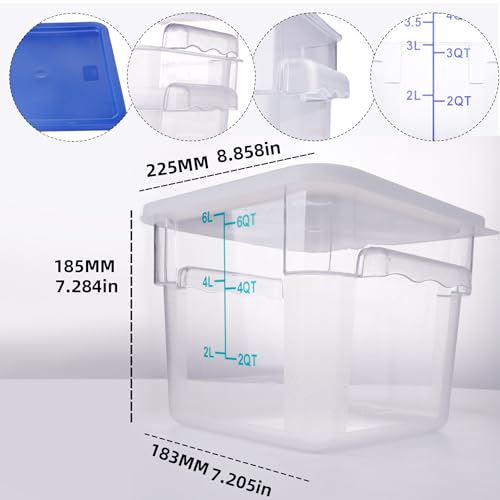 2 Pack Square Food Storage Container With Lid, 2-6 Quart Commercial Storage Box With Scale & Handle, Cake Making, Dough Marinating Meat, Kitchen Supplies (6 Quart) - size: 6 Quart-RED LID & MEASURING LINE