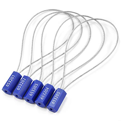 Pull-Tite Steel Security Cable Wire Seals Numbered Anti-Tamper Security Tags Self-Locking Shipping Padlock (Blue, Pack of 50pcs)