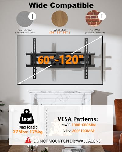 FORGING MOUNT Heavy Duty 60 to 120 inch XXXL Full Motion TV Wall Mount Max VESA1000x600mm Up to 275lbs for Extra Large Big Screens,Universal Articulating TV Mount Bracket Swivel Tilt,16-24” Studs - size: Fits 60-120" TVs / Max 1000x600mm Full Motion