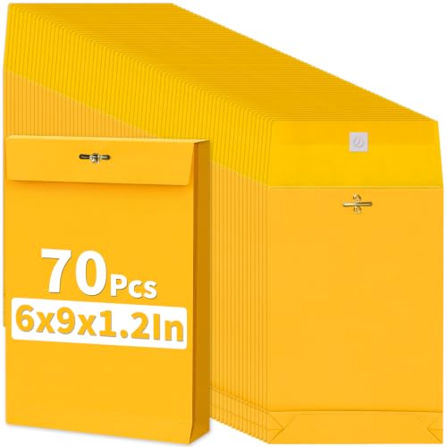 70 Pack 6x9 In Expanding Manila Envelopes with Reusable Clasp and Gummed Seal 180 GSM Heavyweight 1.2'' Expansion Small Yellow Envelope Folders for Home Office Business Mailing Storage Organizing - size: 70pcs-6x9in