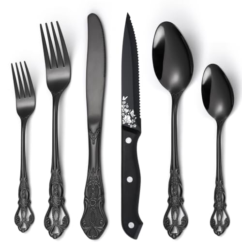 48 Pieces Black Gorgeous Retro Royal Silverware Set with Steak Knives For 8,Stainless Steel Fine Vintage Service Flatware Set Anti-rust Dark Unique Utensil Fork Spoon Knife, Dishwasher Safe - color: HT-48Piece-Black-Steak Knife