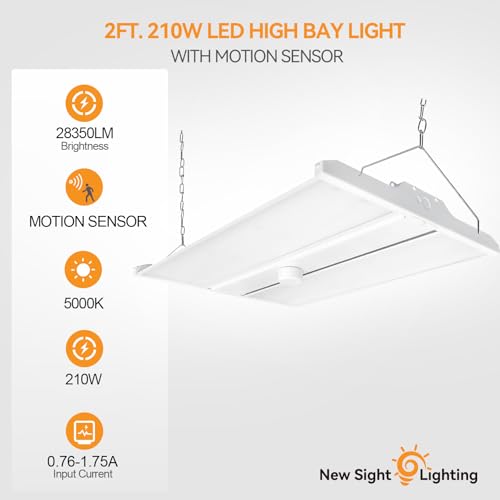High Bay LED Shop Light, 28350LM 2FT LED Linear High Bay Fixture with Motion Sensor, 210W Commercial Bay Lighting, 120-277V, 5000K Daylight Linear Hanging Light, UL&DLC Listed, 4PK - color: 210W - with sensor - White, size: 4PK
