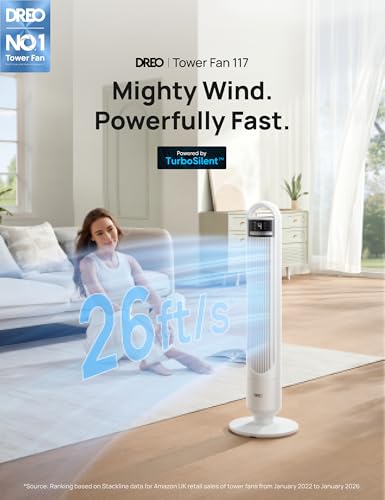 DREO Tower Fan for Bedroom, 26ft/s Velocity, 90° Oscillating, 8H Timer - color: Ice White, size: 36 inch
