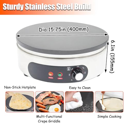110V 2000W Electric Crepe Maker Machine 15.7" Non-Stick Hotplate Round Griddle with Adjustable Temperature 50-300°C Pancake Maker for Home & Commercial Use, Blintzes, Eggs, Tortillas