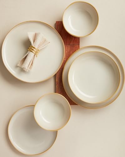 Pokini Stoneware Dinnerware Sets for 6, 18Pcs Ceramic Plates and Bowls Sets - color: Yellow White, size: Set (18pcs)
