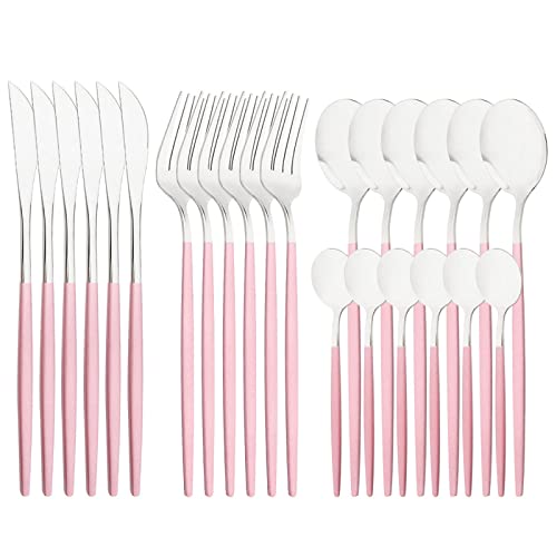Mirror Cutlery Serving Set, 24-piece 18/0 Stainless Steel Silverware With Pink Handle Simple & Modern Tableware For Home Party Restaurant Christmas Dinner, Service For 6 (Pink Silver) - color: Pink silver