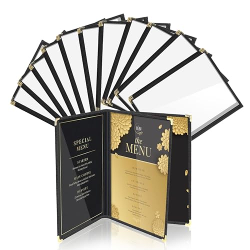 Flexzion Restaurant Menu Covers 8.5 x 11 Inch (12 Pack) - Book Style Bar Menu Holder with 3 Page 6 View - Transparent Clear Menu Book Covers with Gold Metal Corner for Restaurant, Hotel, Cafe - size: 12 Pack