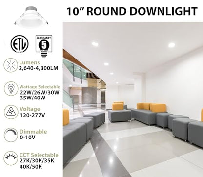 WareLight 10" LED Round Commercial Downlight, 4800 Lumen Max, Wattage & CCT Selectable, 120-277V - size: Round - 10 Inches