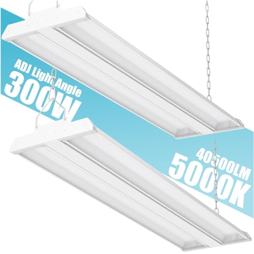 Allsmartlife LED Linear High Bay Shop Light 2-Pack, 5000K Daylight 300W 40500LM 0-10V Dimmable, Adjustable Tilt Hanging LED Shop Light Fixture for Garage Warehouse Workshop, ETL