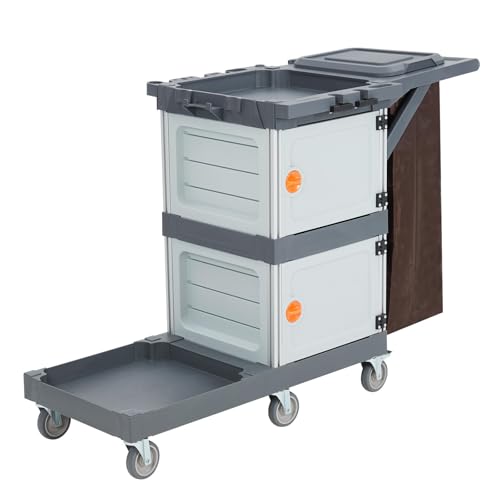 Heavy-Duty Commercial Janitorial Cleaning Cart with Dual Cabinets, 3 Storage Shelves, Vinyl Trash Bag & Smooth-Rolling Wheels – Professional Housekeeping Trolley for Hotels, Schools & Apartments - color: Grey