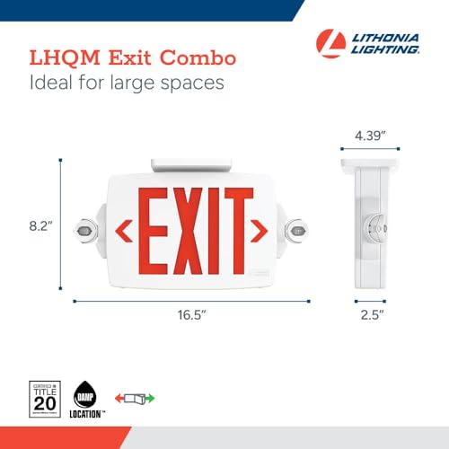 Lithonia Lighting Quantum LED Exit Sign Emergency Light Combo, Exit Sign and Emergency Lights for Business, 2-Head Fixture, Red/Green Selectable Letters, White (LHQM S W RG MVOLT M6) - color: Red/Green Selectable - White, size: 16.5" | Sign & Round Light