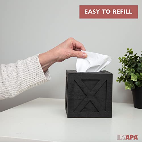 Ilyapa Wood Tissue Box Cover Farmhouse X Patterned- Rustic Farmhouse Black Wood Tissue Holder - color: Black X, size: 5" Square