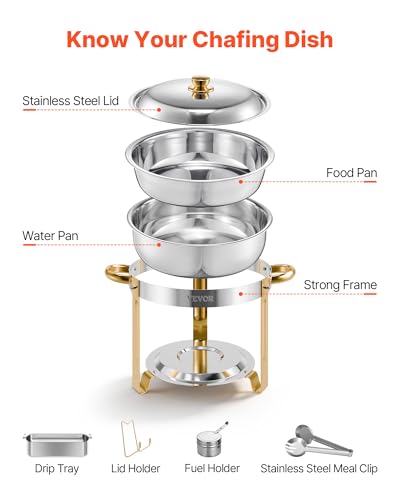 VEVOR Chafing Dish Buffet Set, 5 Qt 4 Pack, Stainless Steel Chafer with 4 Full Size Pans, Round Catering Warmer Server with Lid Water Pan Folding Stand Clip, for Weddings Parties Banquets, Gold - size: 4packs Gold