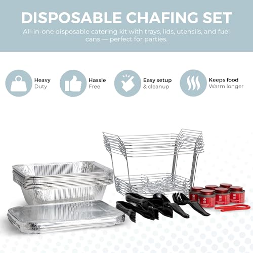 Alpha Living 6 Pack - Disposable Chafing Dish Buffet Set, Half Size Pans, Welded Body Food Warmers for Parties, Fuel Cans Complete Set, Warming Trays - size: Complete Kit (with Racks)