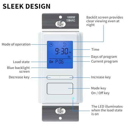 Ortis 7-Day Programmable in-Wall Timer Switch, Blue Backlight, Auto On/Off at Sunrise/Sunset, 3 Operating Modes and 49 Custom Schedules, Compatible with Fans and Motors, Neutral Wire Required - color: Blue Backlight