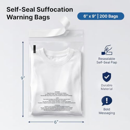 6” X 9” (200 Count) Self Seal Clear Poly Bags with Suffocation Warning - size: 6" X 9"