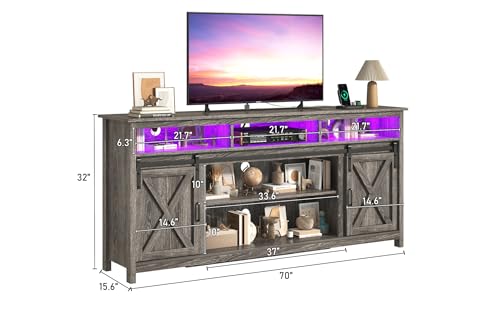 jiteentarou Farmhouse TV Stand for 80/75 Inch TV with Power Outlet, Entertainment Center with Storage and Sliding Barn Doors, Wood Media Console for Living Room, Grey - color: Grey, size: 70in