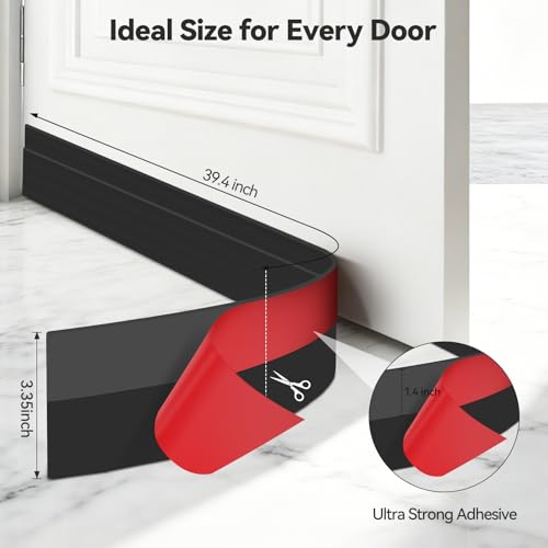 Ohuhu Wide 3.4" Door Draft Stopper, 1.4" Adhesive Weather Stripping Seal - color: Black, size: 39"L x 3.4"W