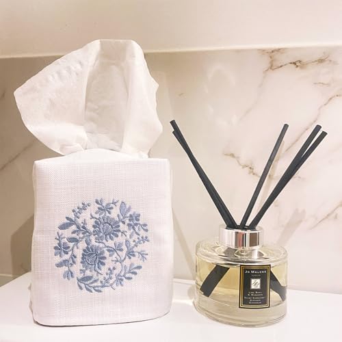Jacaranda Living Square Tissue Box Cover, Linen/Cotton Fabric Tissue Holder, Decorative Cloth Tissue Cube Cover, Botanical Designs, Flower Wheel (Duck Egg Blue) - color: Flower Wheel (Duck Egg Blue)