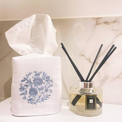 Jacaranda Living Square Tissue Box Cover, Linen/Cotton Fabric Tissue Holder, Decorative Cloth Tissue Cube Cover, Botanical Designs, Flower Wheel (Duck Egg Blue) - color: Flower Wheel (Duck Egg Blue)