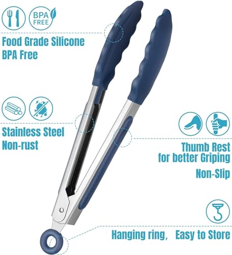 HOTEC Small Silicone Kitchen Tongs 7-Inch Mini Serving Tongs, Set of 3 - color: Classic Blue