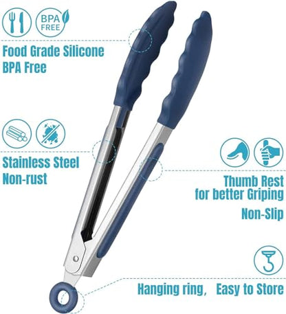 HOTEC Small Silicone Kitchen Tongs 7-Inch Mini Serving Tongs, Set of 3 - color: Classic Blue