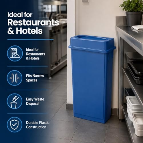 23 Gallon Slim Rectangular Commercial Trash Can, Heavy Duty Plastic Indoor Waste Bin for Kitchen, Office, Restaurant, School, Restroom & Janitorial Use (Dark Blue, with Lid) - color: Dark Blue