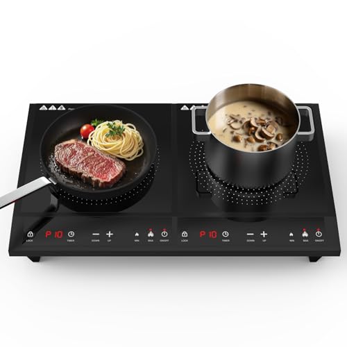 Double Induction Cooktop,Portable Induction Cooker with 2 Burner Independent Control,Ultrathin Body,10 Temperature,1800W-Multiple Power Levels,3 Hour Timer,Safety Lock