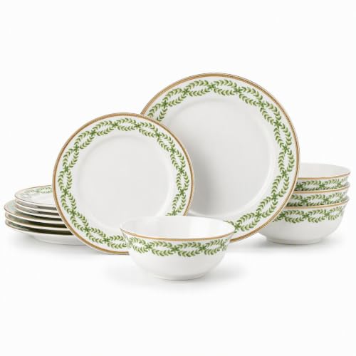 Bone China Dinnerware Set for 4, 12 Pcs White Plates and Bowls, Green Rim - color: Green