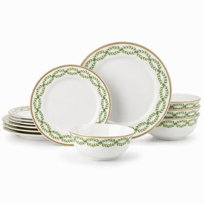 Bone China Dinnerware Set for 4, 12 Pcs White Plates and Bowls, Green Rim - color: Green