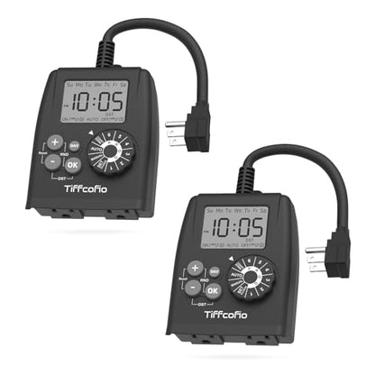 TiFFCOFiO New Digital Outdoor Timer Outlet, Dial Programmable Method, Outdoor Light Timer Waterproof, 2 Grounded Electrical Outlets for Christmas Lights, 6 Sets of Programs, 15A/1875W (2 Packs) - size: Digital, 2 PACKS