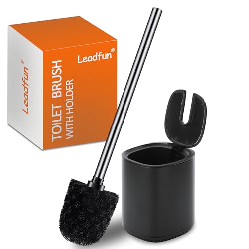 Toilet Bowl Brush and Holder, Toilet Brush with Stainless Steel Handle and Durable Bristles for Bathroom Cleaning, Automatic Closing Holder Set (Black) - color: Black