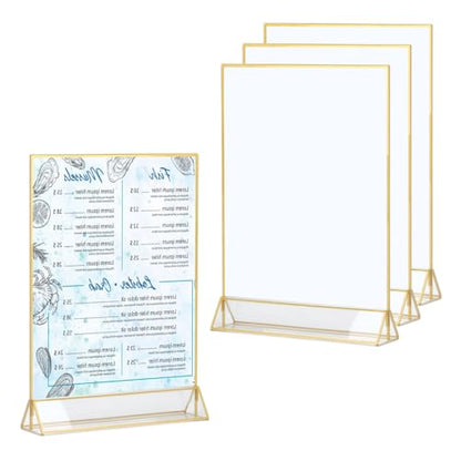 FOCCTS 4 Pack Acrylic Sign Holder 8.5X11 Gold Frames,Double Sided Flyer Holder Vertical Sign Holder Tabletop Menu Display Stand Clear Paper Stand for Flyer Document Poster Ad Photo Picture Table Menu