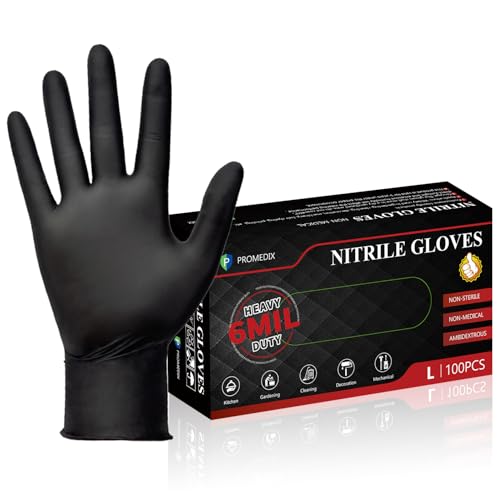 PROMEDIX P Heavy Duty Nitrile Gloves,6mil-100 Count,Black Disposable Cooking Gloves,Latex Free,Powder Free - size: Medium